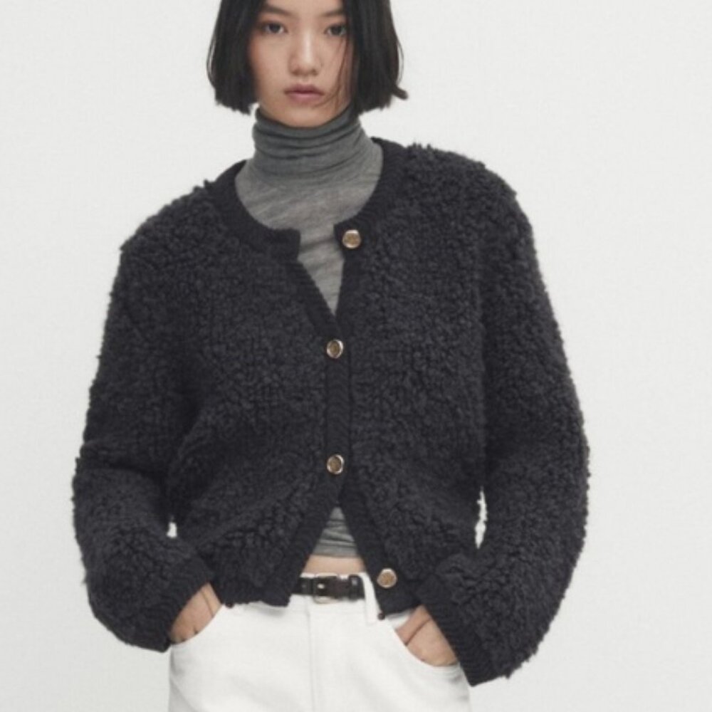 Massimo Dutti Boucle Cardigan with Gold Buttons In Charcoal